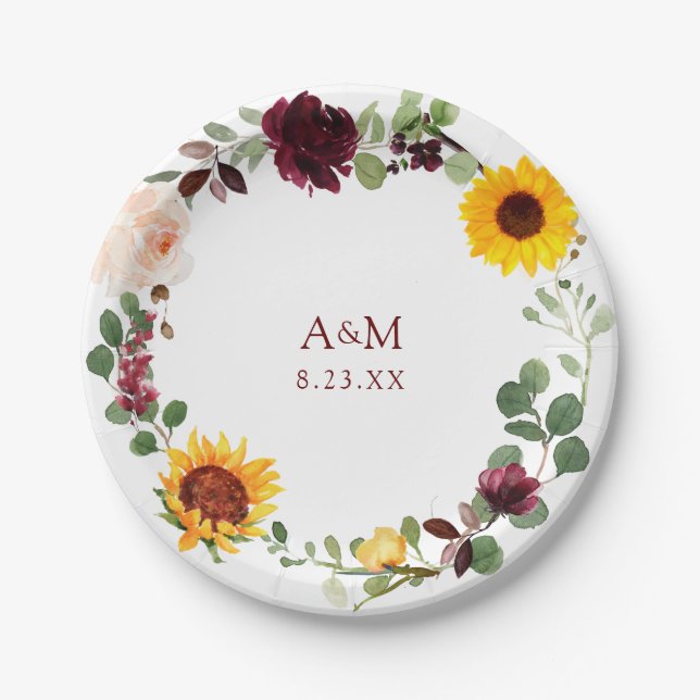 Fall Wedding Bridal Shower Sunflowers Burgundy Paper Plates (Front)