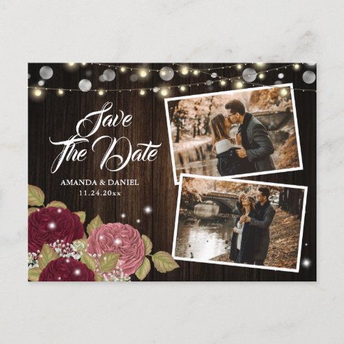 Fall Wedding Burgundy Blush 2 Photo Save The Date Announcement Postcard