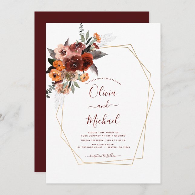 Fall Wedding Burgundy Gold Floral Invitation (Front/Back)