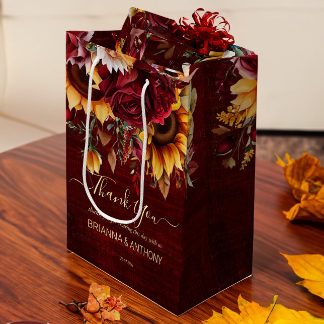 Fall wedding burgundy roses sunflowers favor  medium gift bag (Fall wedding burgundy roses sunflowers favor medium gift bag wedding welcome bag wedding gifts)
