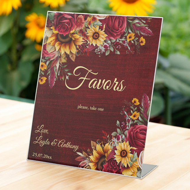 Fall wedding burgundy roses sunflowers favor pedestal sign (Fall sunflower wedding burgundy roses sunflowers favor table pedestal sign personalized decor)
