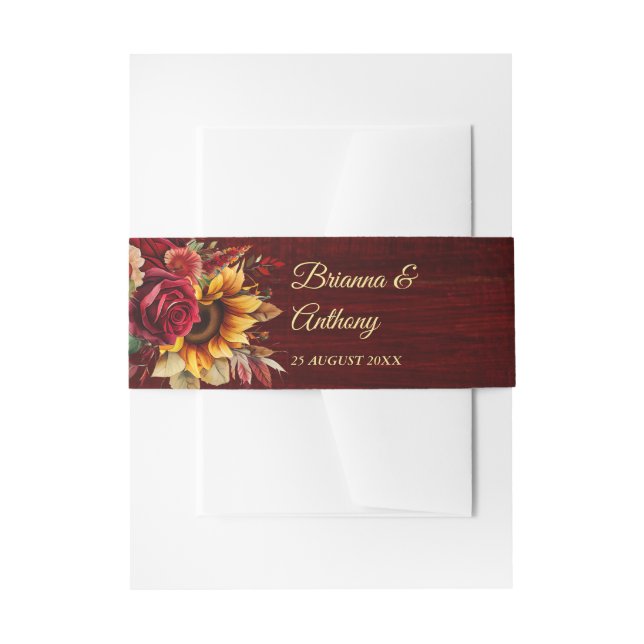 Fall wedding burgundy roses sunflowers invitation belly band (Front Example)