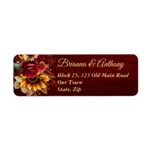 Fall wedding burgundy roses sunflowers label