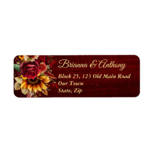 Fall wedding burgundy roses sunflowers label