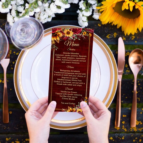 Fall wedding burgundy roses sunflowers menu