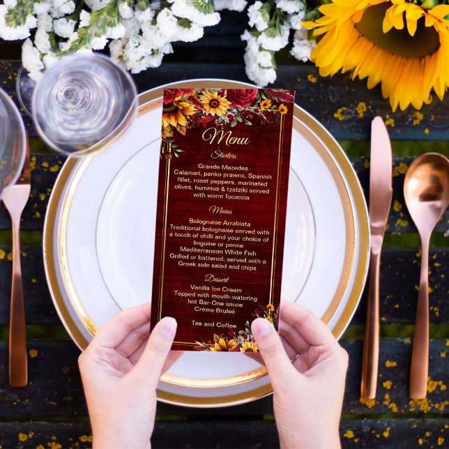 Fall wedding burgundy roses sunflowers menu (Sunflower wedding theme menu cards Fall burgundy roses sunflowers printed menu personalized decor)