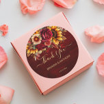 Fall wedding burgundy roses sunflowers thank you classic round sticker<br><div class="desc">Fall wedding Burgundy roses yellow sunflowers greenery burgundy background thank you favor stickers.</div>