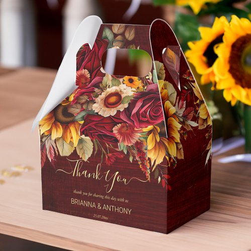 Fall wedding burgundy roses sunflowers thank you favor boxes