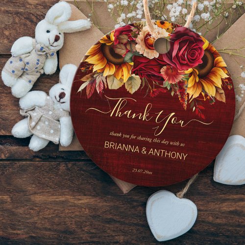 Fall wedding burgundy roses sunflowers thank you favor tags