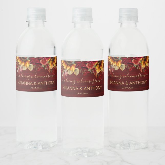 Fall wedding burgundy roses sunflowers thank you water bottle label (Bottles)
