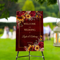 Fall wedding burgundy roses sunflowers welcome