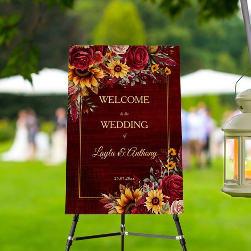 Fall wedding burgundy roses sunflowers welcome foam board