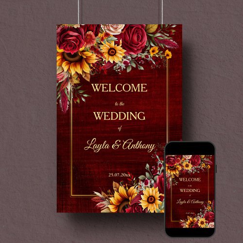 Fall wedding burgundy roses sunflowers welcome poster