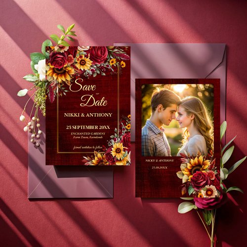 Fall wedding burgundy roses yellow sunflower photo save the date