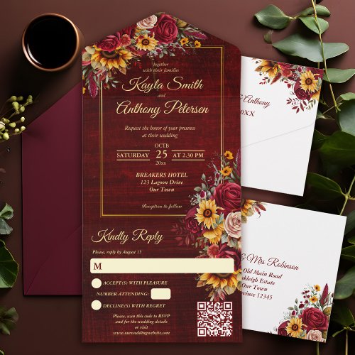 Fall wedding burgundy roses yellow sunflowers all in one invitation