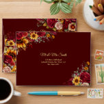 Fall wedding burgundy roses yellow sunflowers envelope<br><div class="desc">Fall wedding Burgundy roses yellow sunflowers greenery burgundy background floral wedding addressed envelope matching wedding suite</div>
