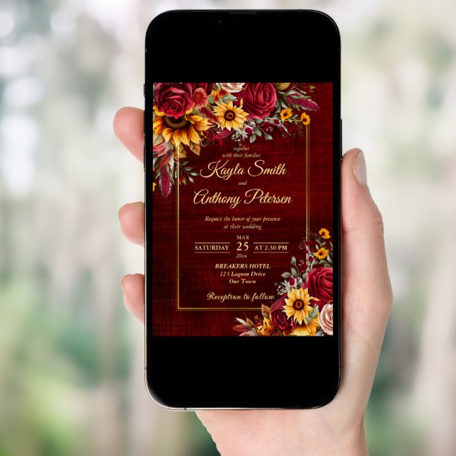 Fall wedding burgundy roses yellow sunflowers invitation (Front Digital)