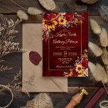 Fall wedding burgundy roses yellow sunflowers invitation<br><div class="desc">Fall wedding Burgundy roses yellow sunflowers greenery burgundy background gold frame floral wedding invitation template all in one with QR RSVP code at the back.</div>