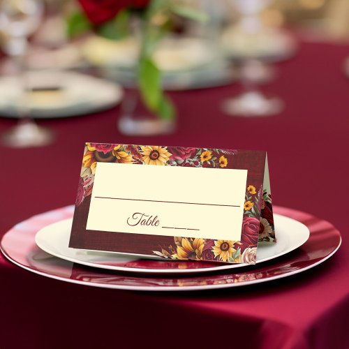 Fall wedding burgundy roses yellow sunflowers place card