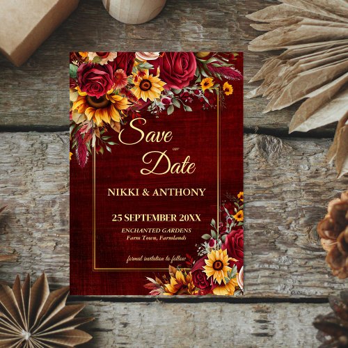 Fall wedding burgundy roses yellow sunflowers save the date