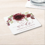 Fall Wedding Burgundy Wine Red Floral Foliage Square Paper Coaster<br><div class="desc">Burgundy Wedding Reception Coasters: These one-of-a-kind wedding reception or party coasters are both elegant,  yet rustic. They feature a beautiful burgundy red floral  design with the words "We Do". With hints of faux rose gold glitter,  these coasters are sure to impress all of your guests!</div>