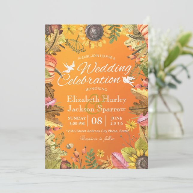 Fall Wedding Celebration Autumn Maple Leaf Pumpkin Invitation (Standing Front)