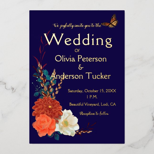 Fall Wedding Floral Monarch Blue Gold Foil Invitation (Front)