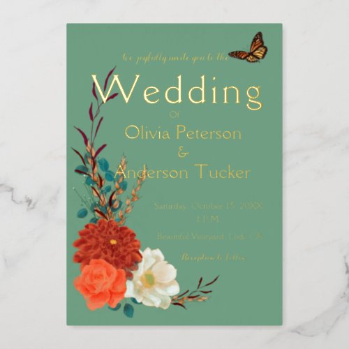 Fall Wedding Floral Monarch Green Gold  Foil Invitation