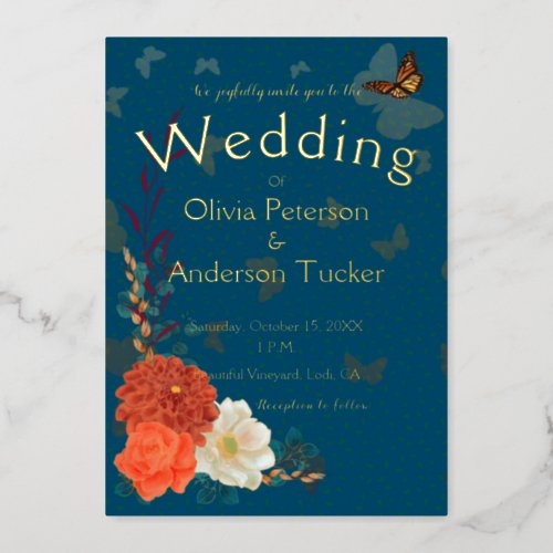 Fall Wedding Floral Monarch Teal Gold  Foil Invite