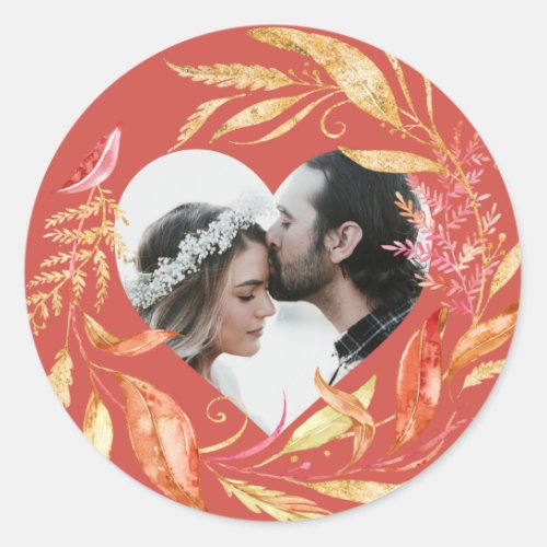 Fall Wedding Foliage Heart Photo Antique White Cla Classic Round Sticker