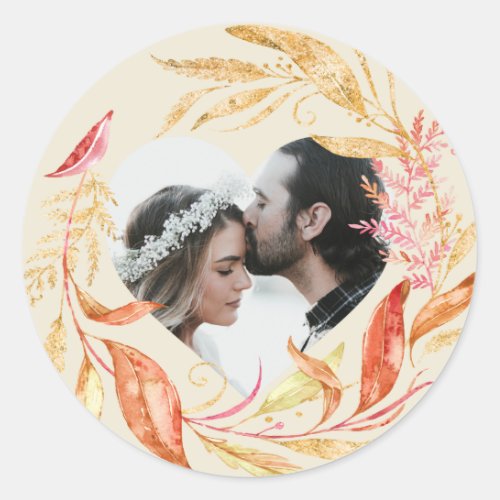 Fall Wedding Foliage Heart Photo Antique White Classic Round Sticker