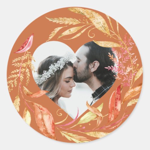 Fall Wedding Foliage Heart Photo Burnt Orange Classic Round Sticker