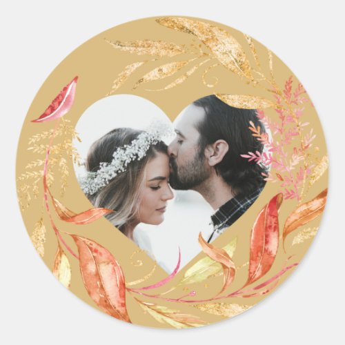 Fall Wedding Foliage Heart Photo Gold Yellow  Classic Round Sticker