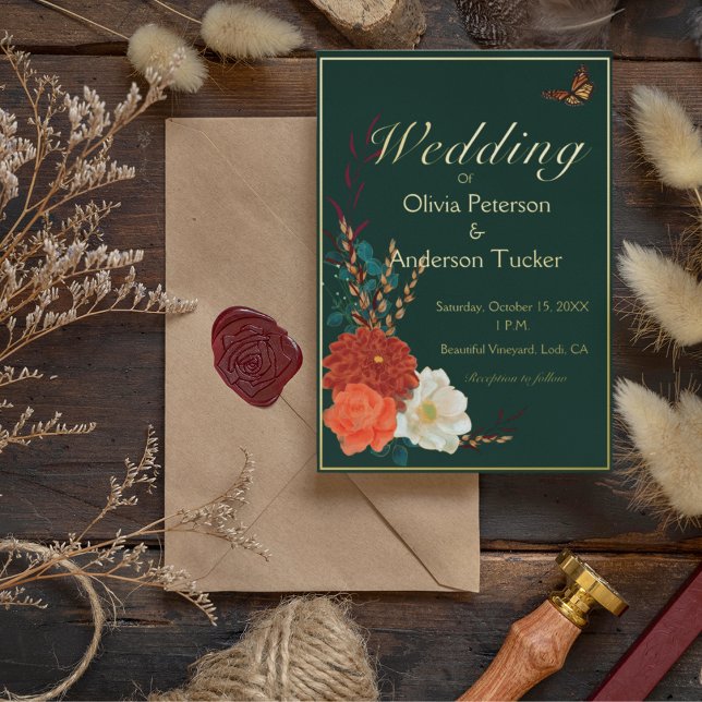 Fall Wedding Forest Green Floral Monarch Butterfly Foil Invitation (Monarch butterflies and forest green with lush fall blossoms and real gold foil)