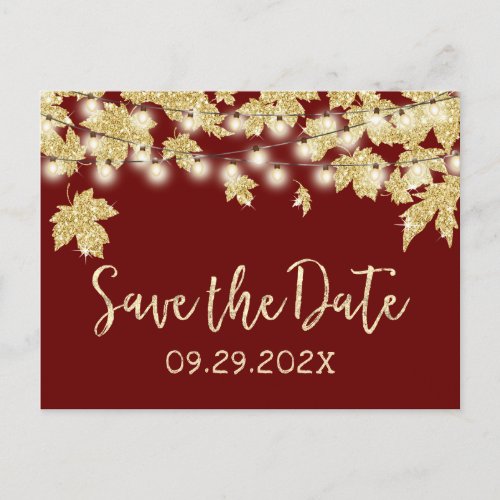 Fall Wedding Gold Leaves Burgundy Save the Date Announcement Postcard