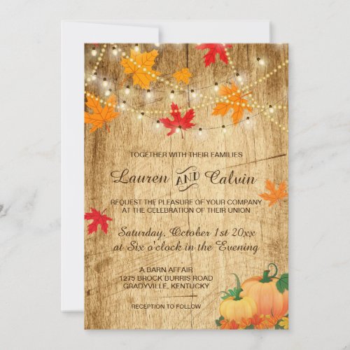 Fall wedding invitation with leaves and pumpkins