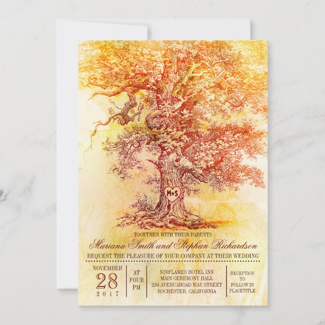 Fall wedding invitation with old oak tree (Front)