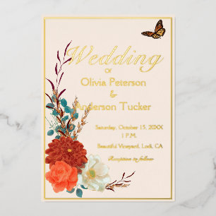 Fall Wedding Ivory Floral Monarch Butterfly Foil Invitation