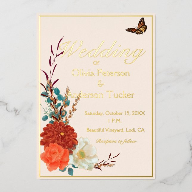 Fall Wedding Ivory Floral Monarch Butterfly Foil Invitation (Front)