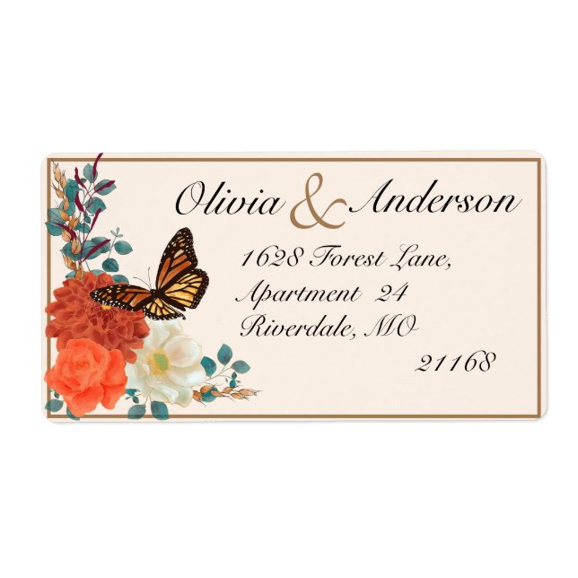 Fall Wedding Ivory Floral Monarch Butterfly  Label (Front)