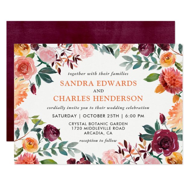 Fall Wedding Marsala Pink Orange Botanical Invitation