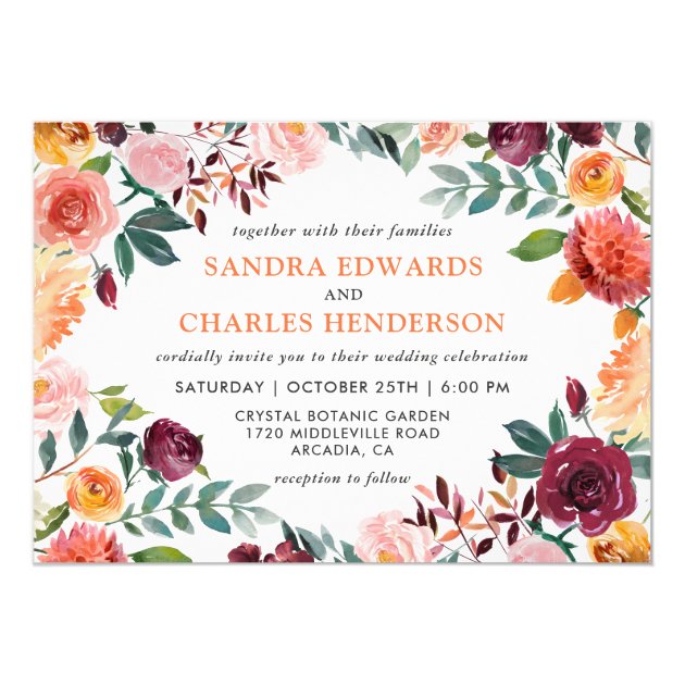 Fall Wedding Marsala Pink Orange Botanical Invitation