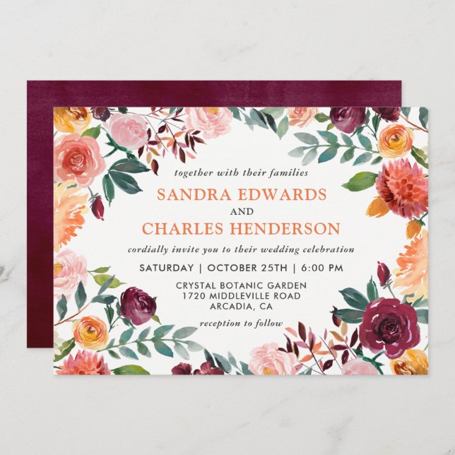 Fall Wedding Marsala Pink Orange Botanical Invitation (Front/Back)