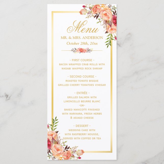 Fall Wedding Menu Rustic Coral Floral Gold Frame (Front)