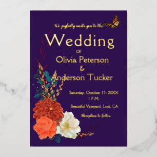 Fall Wedding Monarch Floral Purple Gold Foil Invitation