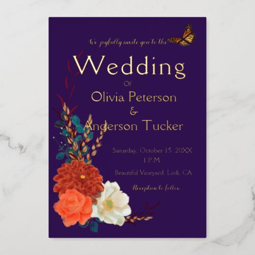 Fall Wedding Monarch Floral Purple Gold Foil Invitation