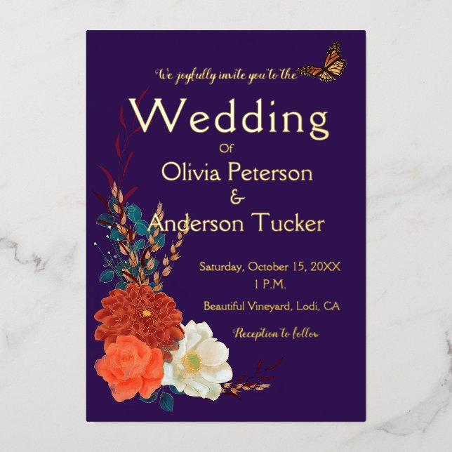 Fall Wedding Monarch Floral Purple Gold Foil Invitation (Front)
