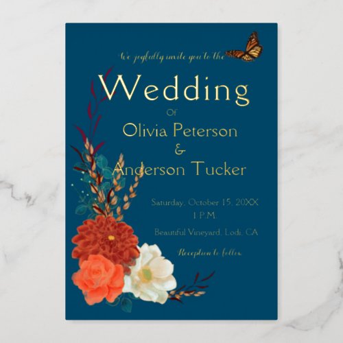 Fall Wedding Monarch Floral Teal Gold  Foil Invitation