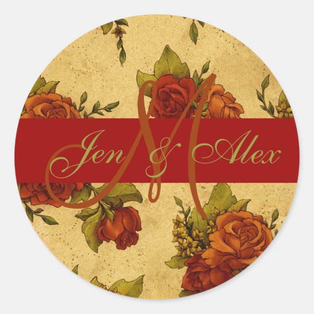 Fall Wedding Monogram and Names Rose Sticker (Front)