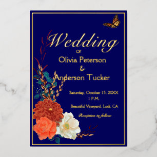 Fall Wedding Navy Blue Floral Monarch Butterfly Foil Invitation
